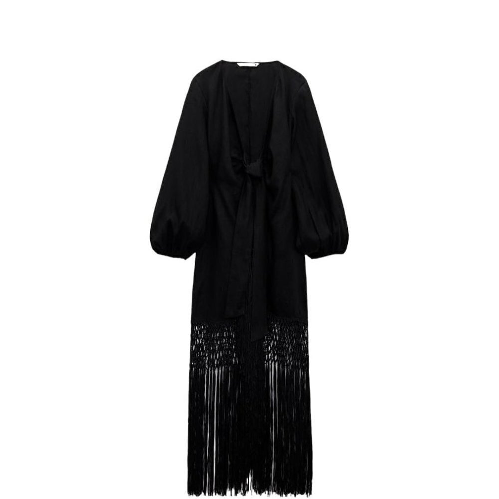 Zara Linen Dress With Fringing - Limited Edition Black Size 7491/908